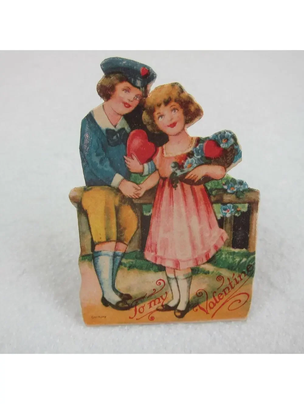 Vintage Valentine Die Cut Stand Up Boy Sailor Suit Girl Flowers 1920-30s Germany